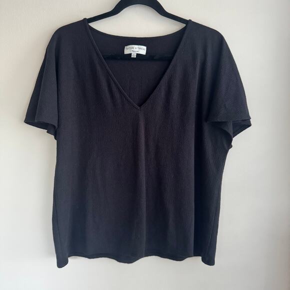 Madewell TeXTURE & THREAD Blouse Black V-Neck Pullover Flutter Sleeve Sz XL - Picture 1 of 4